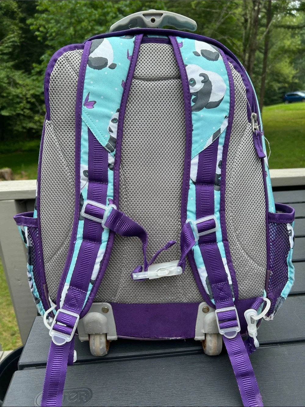 Pottery Barn Kids Panda Print Rolling Backpack - Purple & Teal